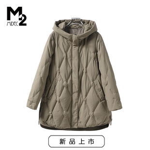 中年妈妈厚外套90白鸭绒墨绿连帽羽绒服 宽松大码 M2女装 2025冬新款
