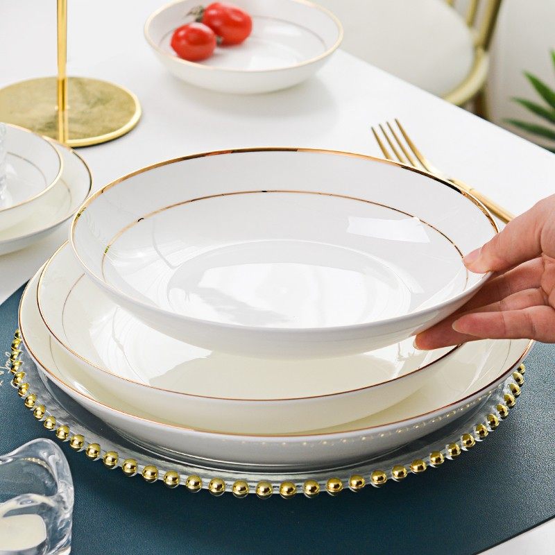 陶瓷盘子菜盘家用简约创意深盘加深加高欧式浮雕描金餐盘组合套装,餐饮具,盘,淘宝优惠券,粉丝福利购,淘宝优惠卷