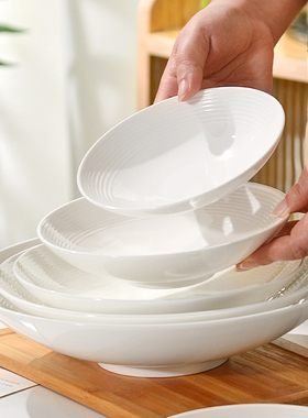 2026新款纯白色骨瓷盘子螺纹深盘菜盘家用大号凉菜盘好看的炒菜盘