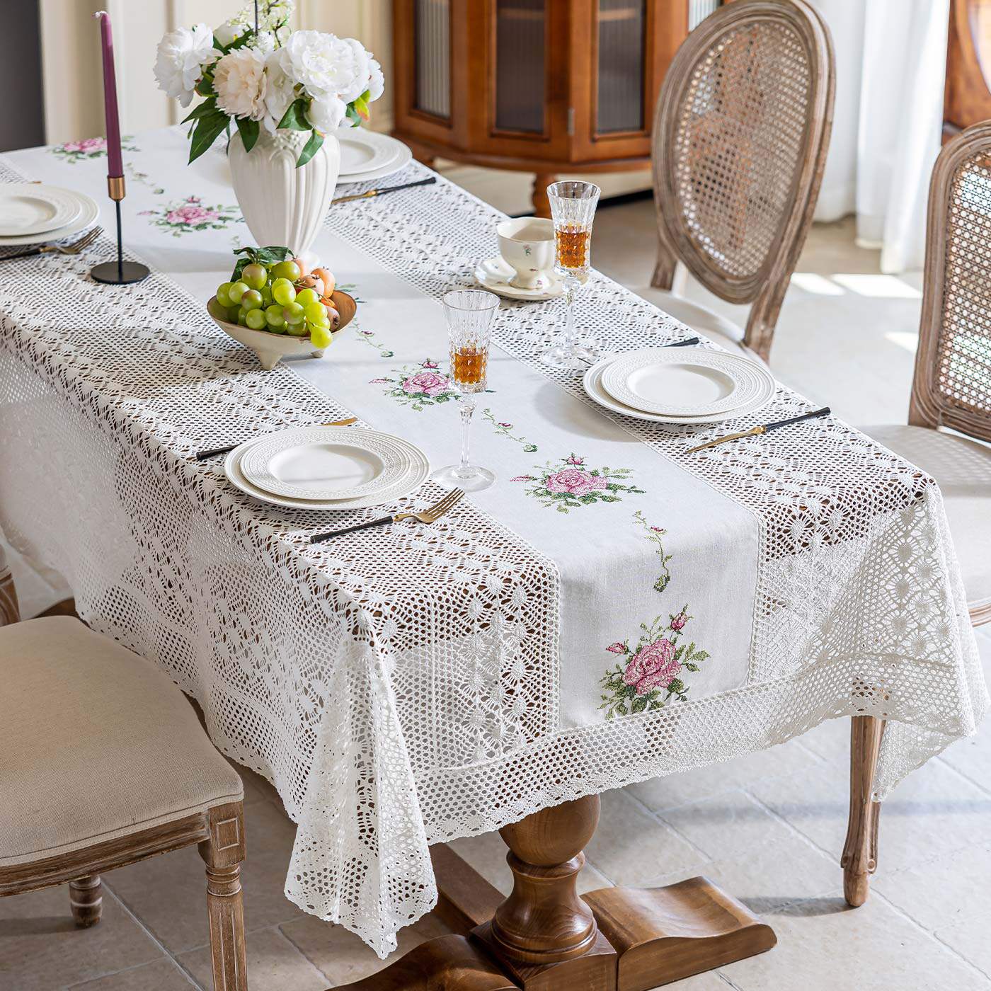 手工钩花编织绣花桌布布艺餐桌布茶几布书桌台布新中式长方形盖布