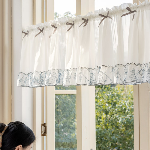厨房短帘法式窗帘拱形门书柜半门帘小半截遮挡遮丑蕾丝免打孔纱帘