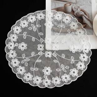 美式轻奢蕾丝刺绣圆形餐桌垫盘垫布艺隔热垫花瓶垫台灯垫茶盘盖布