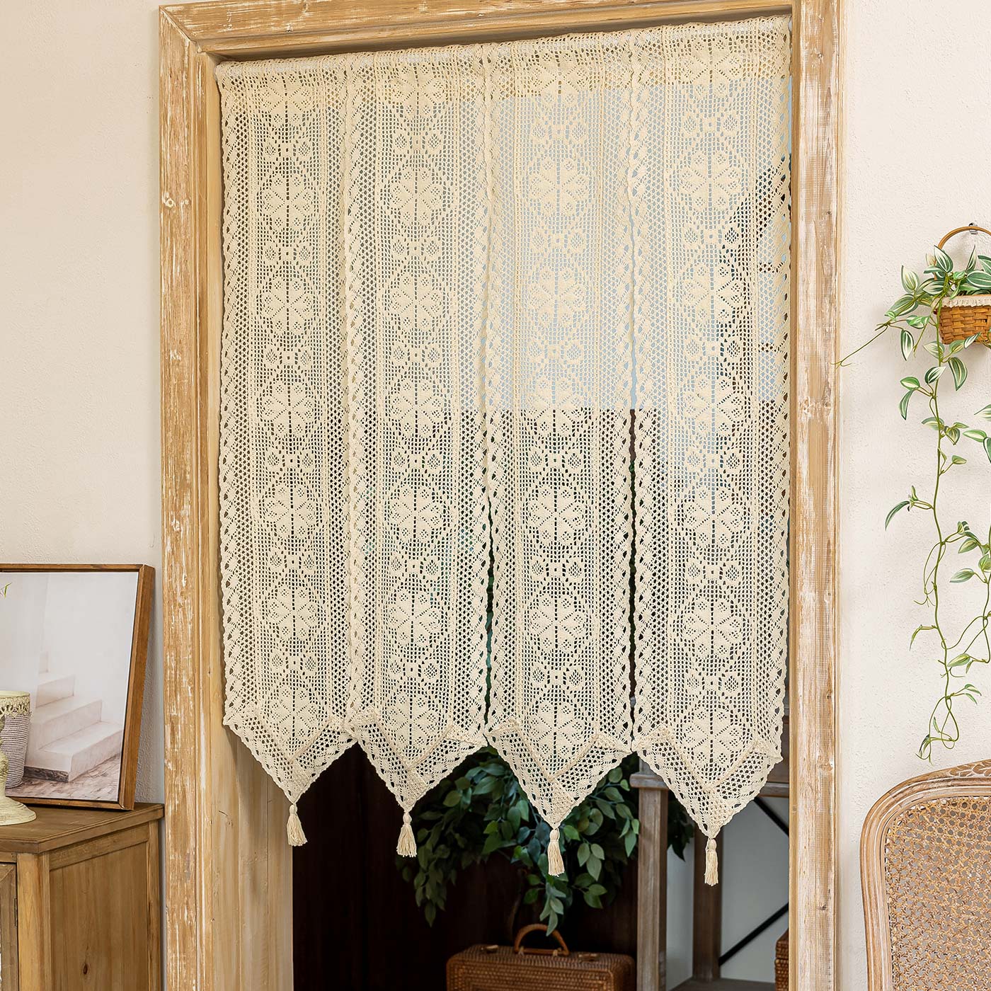 美式复古田园风钩织门帘风水帘卫生间挂帘厨房门帘隔断帘伸缩杆