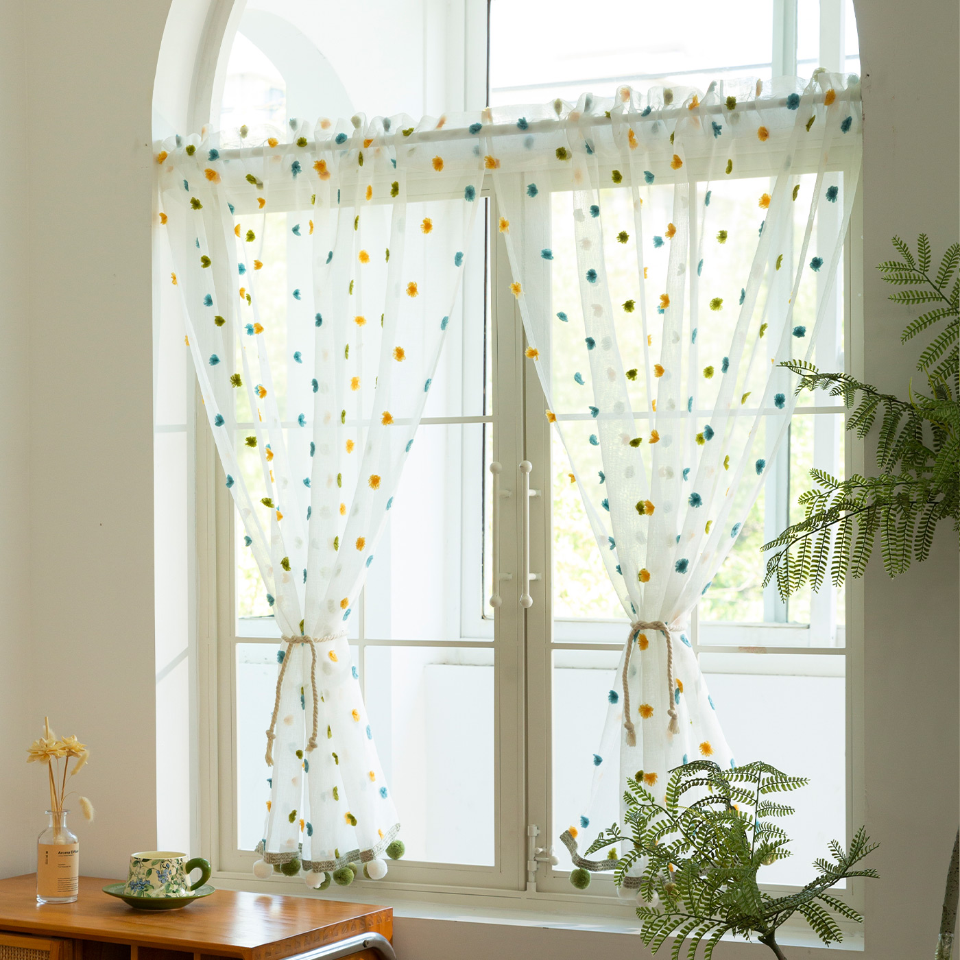 法式纱帘门帘透光家用免打孔卧室阳台隔断帘穿杆款小窗帘遮挡半帘