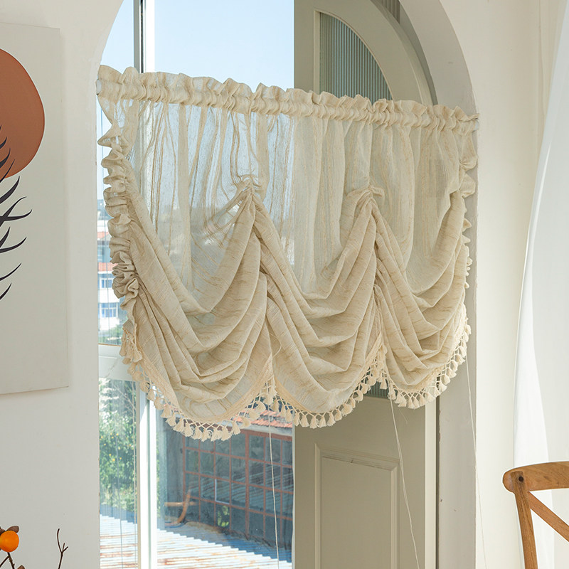 法式复古半帘厨房提拉流苏仿麻窗帘美式田园罗马飘窗卧室隔断门帘