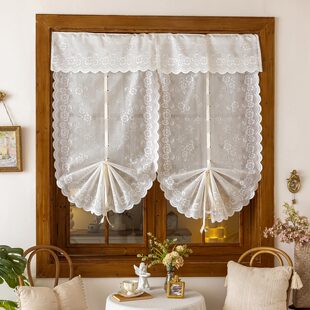 厨房短帘免打孔扇形提拉窗帘罗马帘隔断门帘阳台蕾丝网纱飘窗纱帘