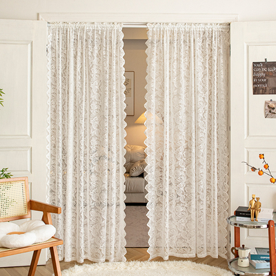 免打孔魔术贴窗帘窗纱帘法式复古白色蕾丝飘窗门帘隐私隔断穿杆帘
