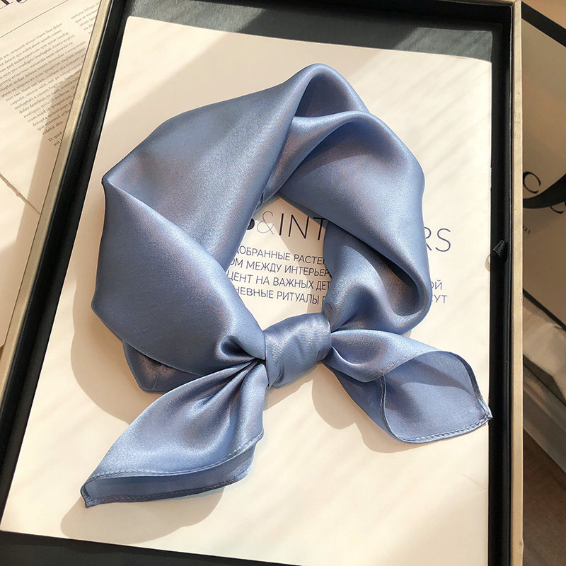 雾霾蓝色100%真丝丝巾女新款小方巾百搭纯色高档送礼桑蚕丝小领巾