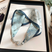 100%真丝丝巾女2025新款 磁扣项链吊坠秋冬百搭淡蓝色桑蚕丝小领巾