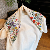 桑蚕丝羊毛混纺丝巾女2026新款 中方巾百搭米色春秋手工卷边小领巾