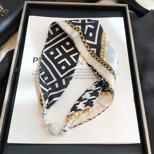 真丝丝巾2025新款磁扣项链吊坠百搭黄黑色100%桑蚕丝斜纹绸小领巾