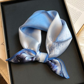 国风系蓝色真丝丝巾小方巾百搭100%桑蚕丝秋冬款 时尚 高级感小领巾