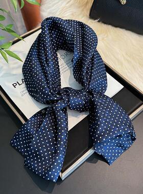 高级感真丝丝巾小长条男女百搭深蓝色新款100%桑蚕丝斜纹绸小领巾