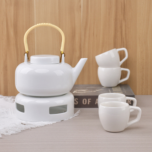 陶瓷高温白色提梁壶加底座 可烛火加温花茶壶客厅大容量茶壶套装