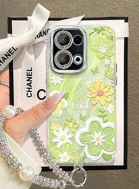 精孔羽纱油画 画绿色花朵适用苹 果16PORMAX手机保护壳iphone15/14华为mate60pro荣耀300小清新Pura70女Reno1
