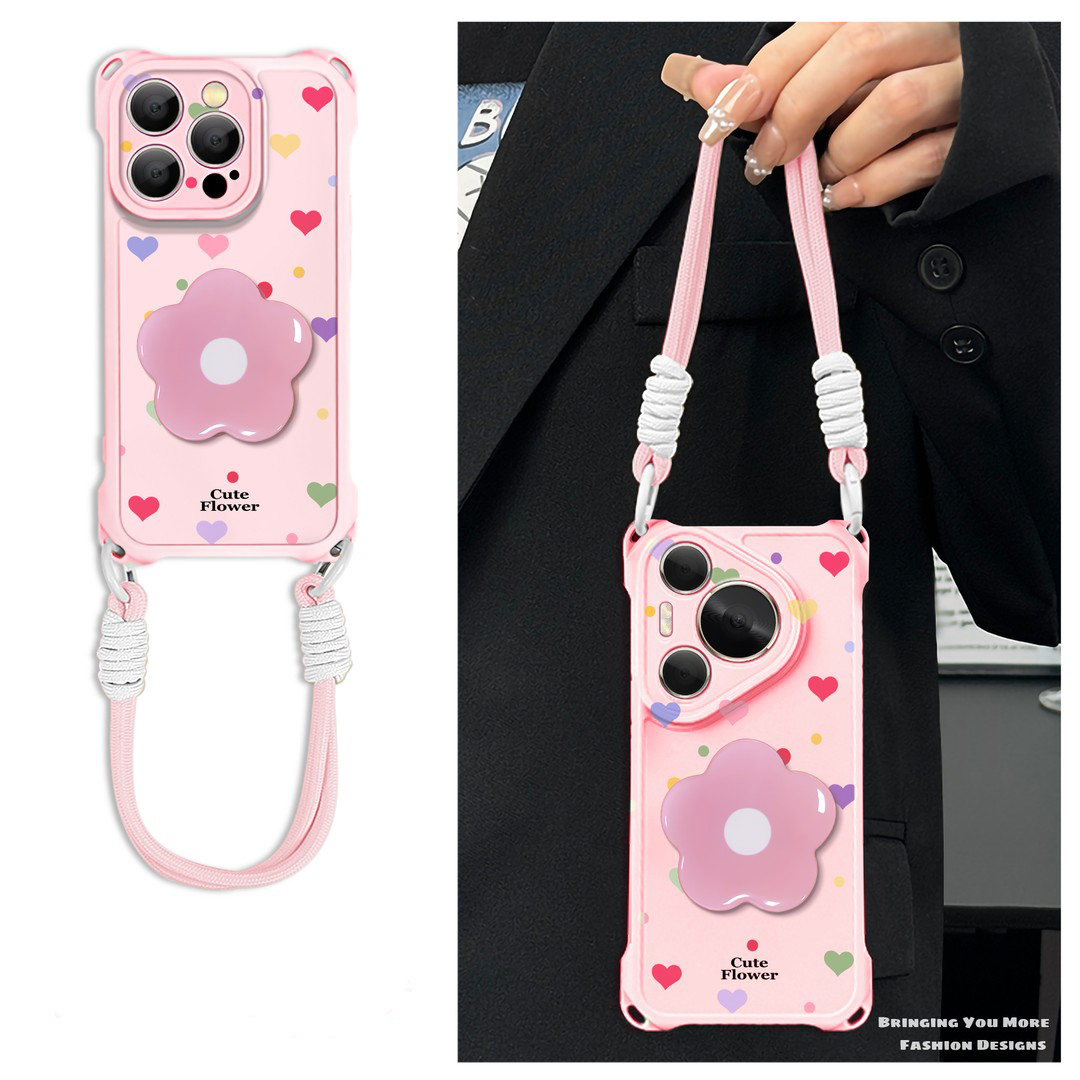 彩色爱心粉花支架适用苹果16promax手机壳iphone15新款小米14华为mate60pro女pura70四角opporeno13荣耀VIVO