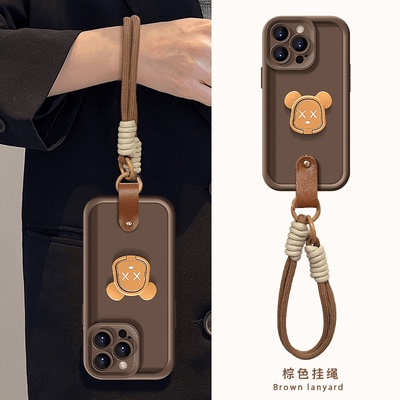 秋冬咖啡棕色暴力熊指环适用苹果15promax手机壳华为mate60pro+新款P70女荣耀200手绳OPPOReno12/S19/小米14