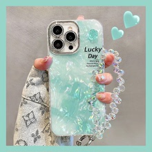 晕染绿手链贝壳纹适用苹果16手机壳iphone15/14plus新款不撞壳13PRO女ip12小众11PROMAX高级感创意全包镜头膜