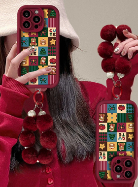 可爱圣诞小熊适用苹果iPhone16promax手机壳华为pura70女mate60pro+荣耀200手链vivos19新款OPPOreno13小米15