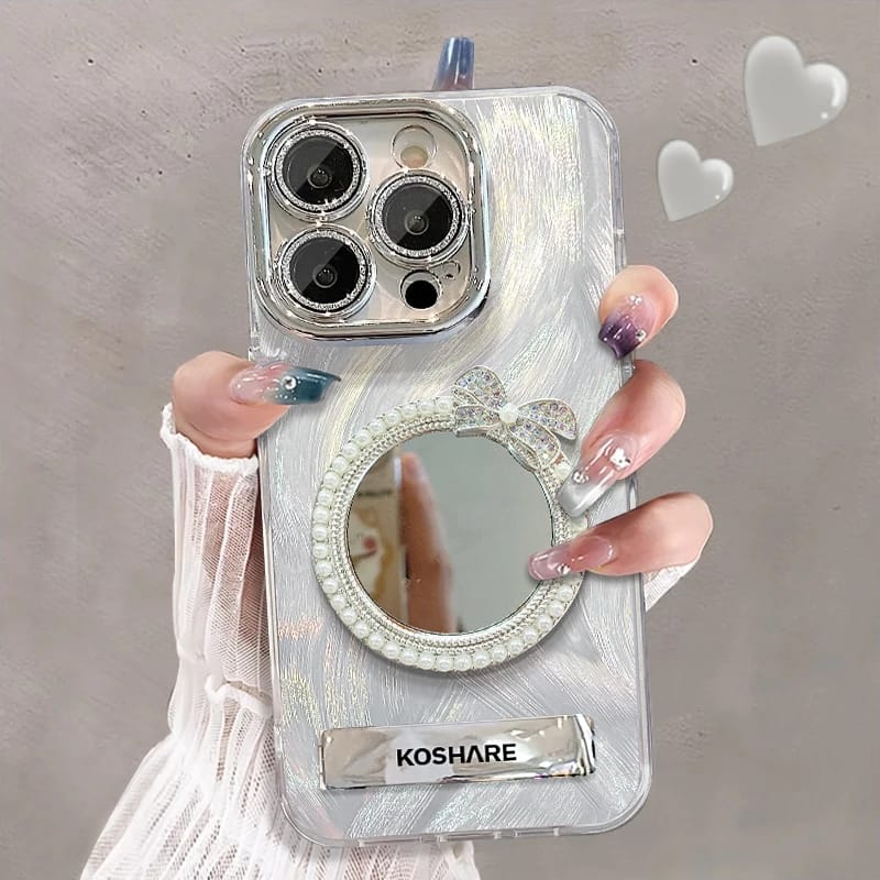 精孔羽纱珍珠蝴蝶结镜子适用苹果16promax手机壳iphone15/14新华为mate60pro女Pura70荣耀200Reno12/S19/小米