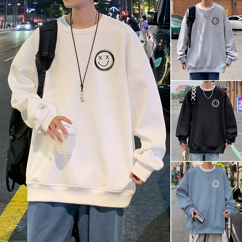速发笑脸卫衣男春秋装内搭港风宽v袖底衫长打春季松itage无帽