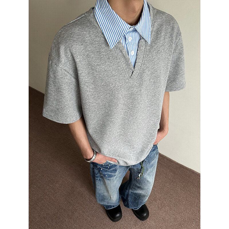 短袖POLO衫男夏季新款宽松体恤港风大码假两件上衣美式休闲半袖潮