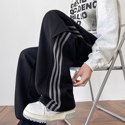 运动裤子男秋冬季新款加绒直筒裤垂感宽松阔腿裤美式条纹休闲长裤