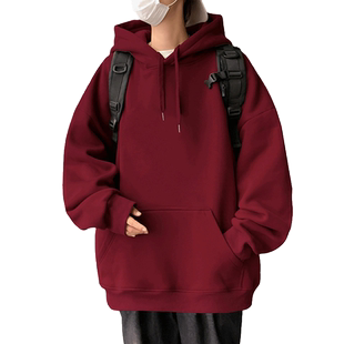 酒红色秋冬季卫衣男加绒重磅宽松oversize情侣2026新款连帽外套潮