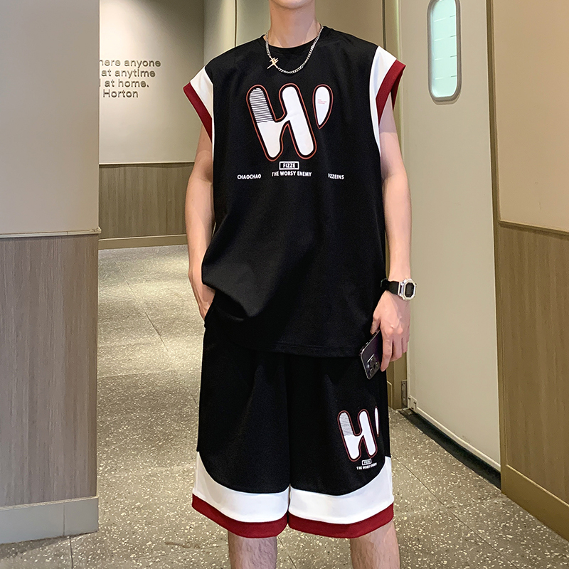 运动套装男夏季2025新款健身透气宽松无袖背心大码美式休闲两件套