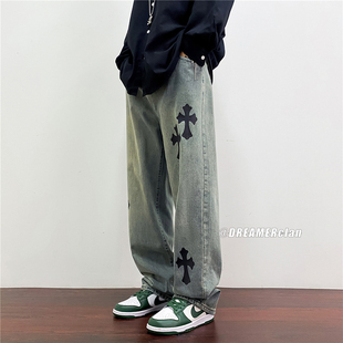 牛仔裤男春秋季十字架印花宽松水洗阔腿长裤潮流复古拖地直筒裤子