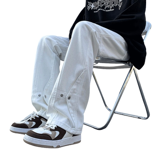 美式高街vibe风排扣牛仔裤男ins潮流秋冬宽松直筒堆积感微喇裤子