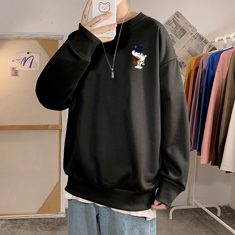 ins圆领多啦a梦卫衣男春秋季潮流港风套头宽松印花打底衫情侣外套
