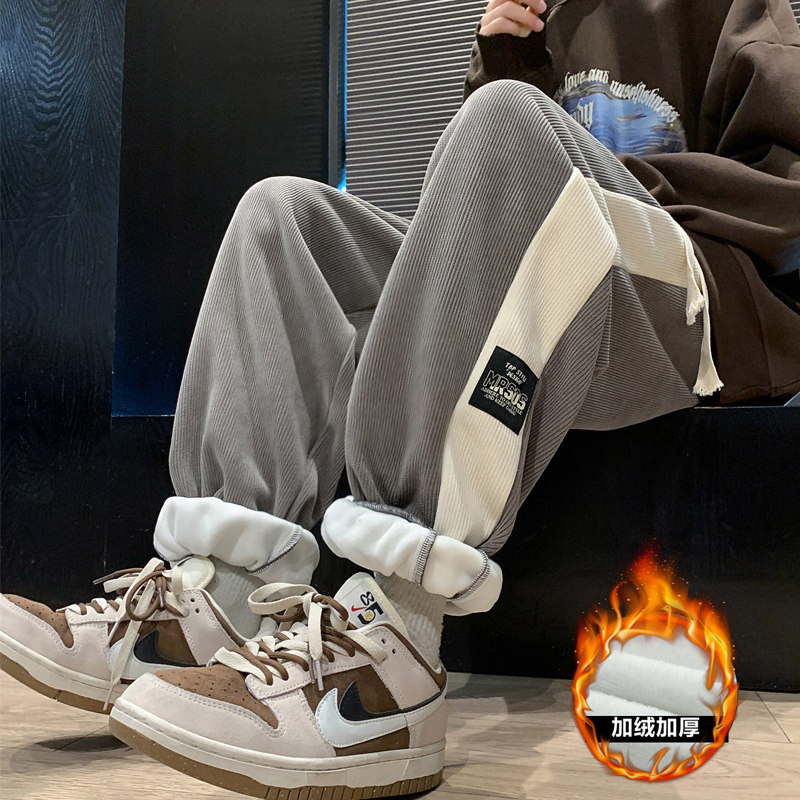 侧边拼色休闲裤男秋冬款加绒加厚束脚阔腿宽松灯芯绒雪尼尔长裤子