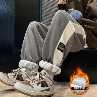 侧边拼色休闲裤男秋冬款加绒加厚束脚阔腿宽松灯芯绒雪尼尔长裤子