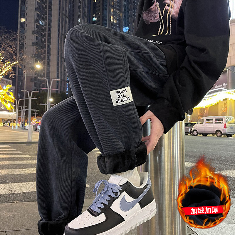 加绒加厚灯芯绒裤子男秋冬季新款复古运动宽松束脚休闲裤保暖长裤