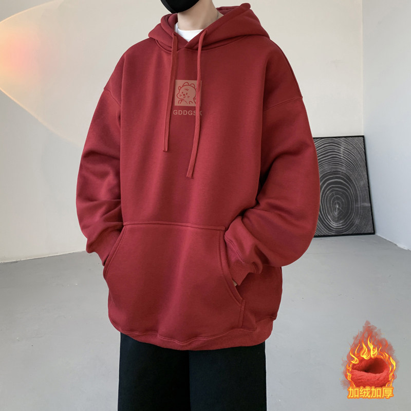 卫衣男春秋季新款红色美式套头帽衫运动宽松潮流加绒重磅连帽外套