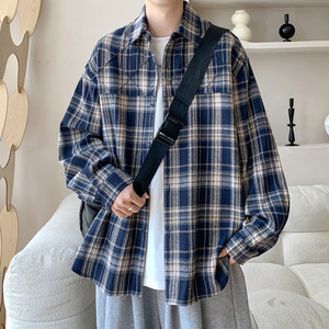 美式复古休闲格子衬衫男春季新款大码内搭衬衣服oversize长袖外套