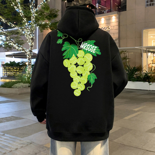 连帽卫衣男春秋季美式休闲葡萄印花大码外套2026新款重磅宽松上衣