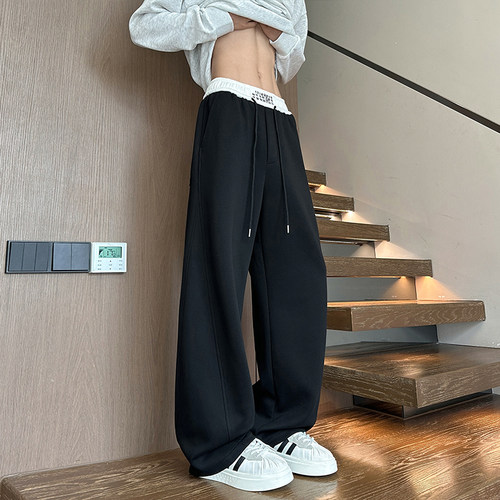 裤子男秋冬季新款美式休闲拼接弯刀裤大码宽松阔腿裤垂感直筒长裤