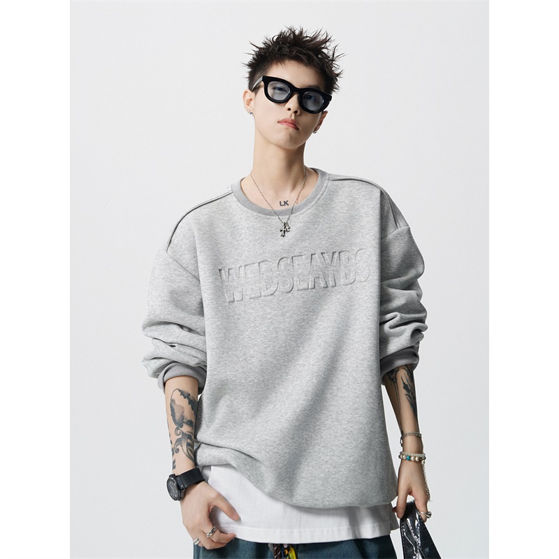 圆领卫衣男秋冬季2025新款休闲宽松上衣服凹凸印字母潮牌无帽外套