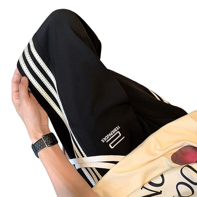 冰丝裤子男夏季薄款透气2025新款宽松直筒休闲长裤刺绣阔腿运动裤