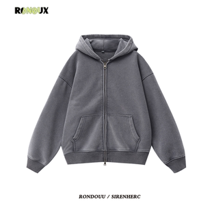 hiphop潮牌美式 外套 复古做旧加绒连帽卫衣男女秋冬宽松慵懒风开衫