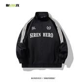 RONOUX潮牌嘻哈美式 三杠条纹立领外套男女春秋情侣宽松飞行员夹克