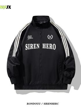 RONOUX潮牌嘻哈美式三杠条纹立领外套男女春秋情侣宽松飞行员夹克