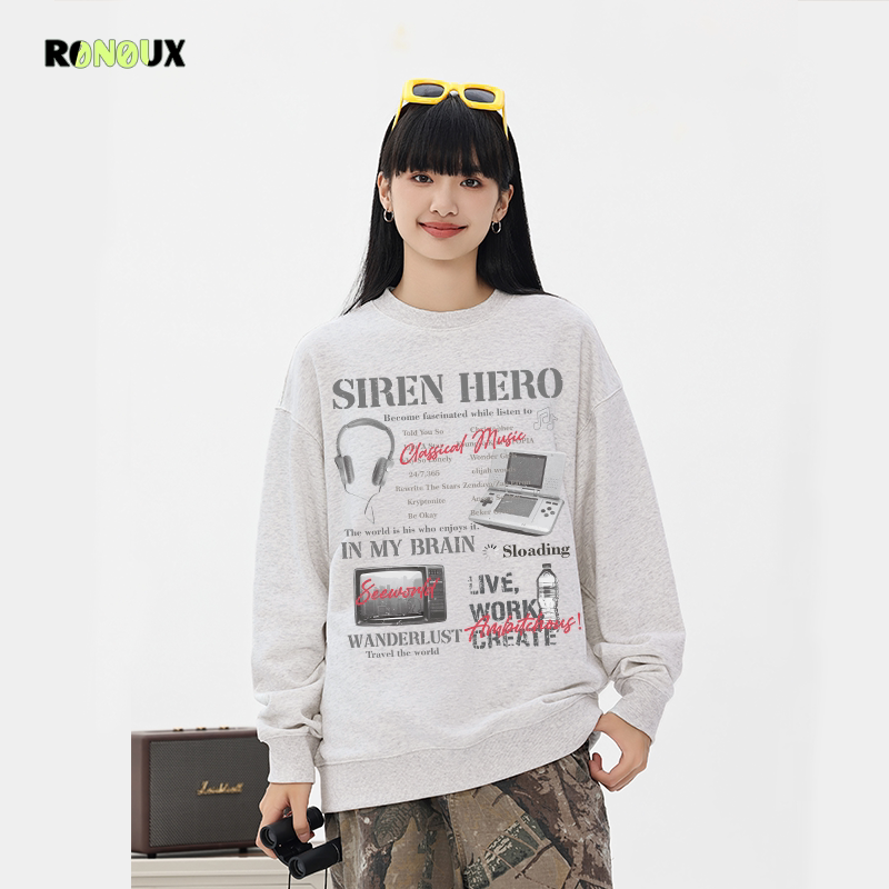 美式街头嘻哈潮牌oversize重磅圆领卫衣男女秋冬宽松情侣无帽外套