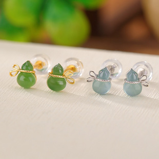 S925纯银镀金和田玉碧玉蓝水翡翠复古福禄葫芦耳钉气质