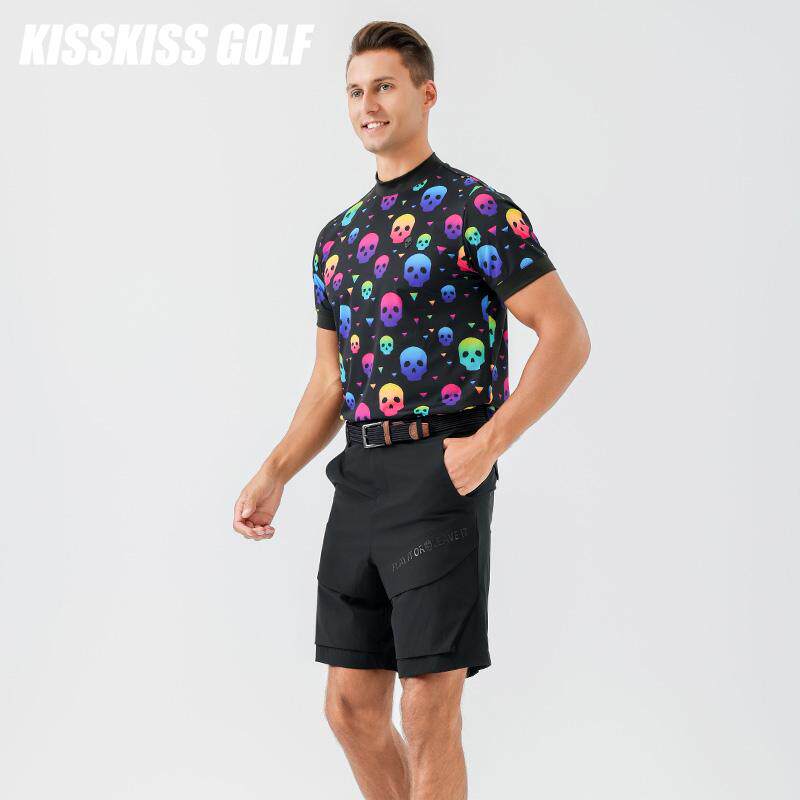 KISSKISSGOLF男高尔夫骷髅短袖T恤速干透气运动休闲印花小高领T恤