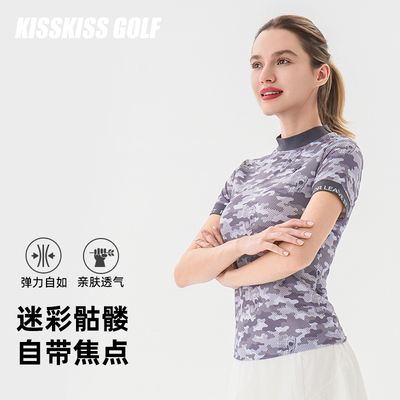 KISSKISSGOLF高尔夫迷彩印花女士小高领短袖T恤运动休闲透气上衣