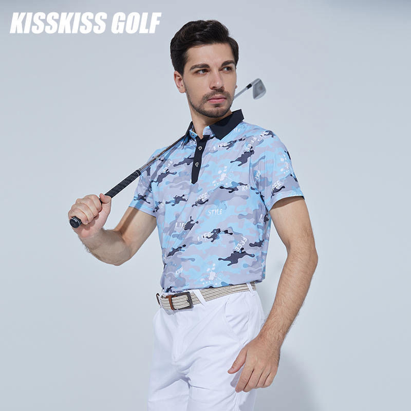 KISSKISSGOLF男士迷彩短袖T恤高尔夫运动POLO衫透气速干上衣夏季