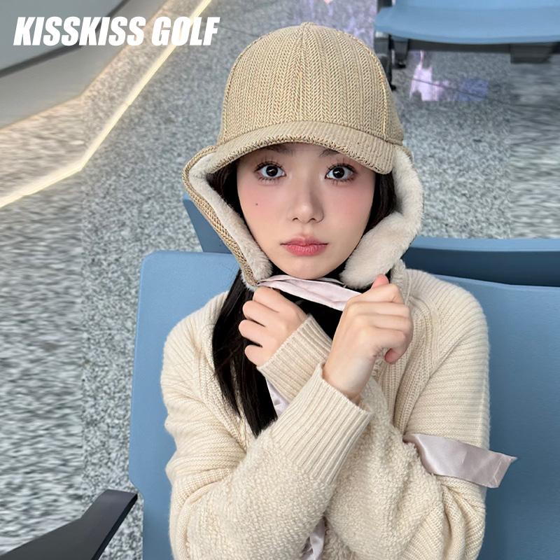 KISSKISSGOLF女士羊毛鸭舌帽高尔夫运动户外百搭保暖护耳冬季帽子